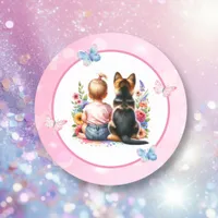 Baby Girl and her Puppy | Baby Shower   Classic Round Sticker