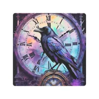 Raven on the Clock Watercolor Metal Print