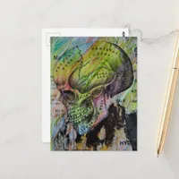 Unique colorful vintage skull bones mixed media postcard