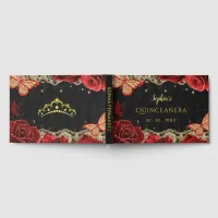 Red Roses Black Gold Lace Butterfly Quinceañera Foil Guest Book