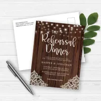 Wood String Lights Lace Wedding Rehearsal Dinner Postcard