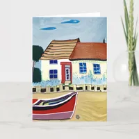 Beach House and Boat on Sandy Beach Birthday Holiday Card