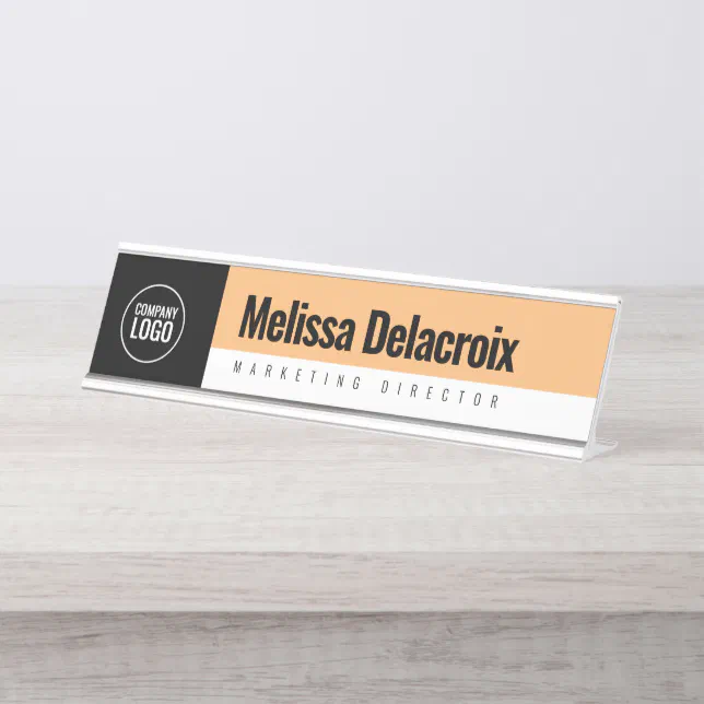 Modern White Peach Black Employee Company Logo Desk Name Plate