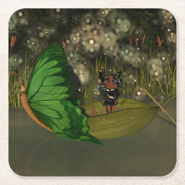 Cute Fairy in Boat with Fireflies Square Paper Coaster