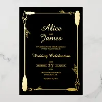 Rustic Boho Arrow Elegant Black Gold Foil Wedding Invitation