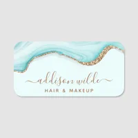 Elegant Gold Glitter Blue Marble Agate Modern Name Tag