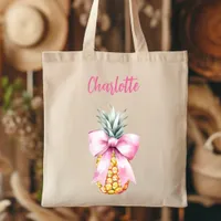 Pink bow pineapple tropical name script tote bag