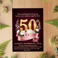 Burgundy and Rose Floral 50th Wedding Anniversary Invitation