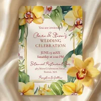 Tropical Yellow Orchid and Greenery Gold Wedding Invitation