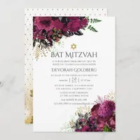 Vintage Burgundy-Marsala & Gold Floral Bat Mitzvah Invitation
