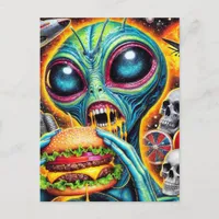 Fun Alien Eating Cheeseburger Postcard