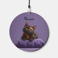 Cartoon Tortoiseshell Kitten on Purple Cushion Wind Chime