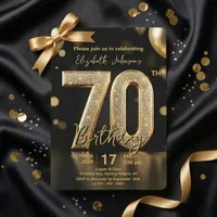 Elegant Black Gold Glitter Balloons 70th Birthday Invitation