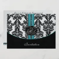 damask aqua silver wedding invitation