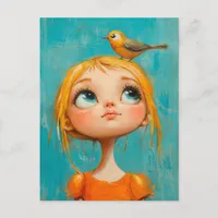 Adorable Girl With a Bird on Her Head Postcard