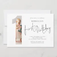 Modern Photo Number One Shape 1st Birthday Invitation