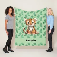 Cute Cartoon Tiger on Tropical Leaves Fleece Blanket