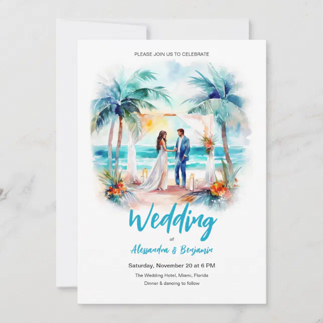 Marriage at the Beach Watercolor Wedding Invitation