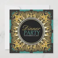 Tribal Batik Teal Gold Black Dinner Party Invitation