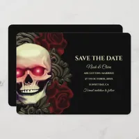 Black red dark moody gothic skull hallowedding save the date