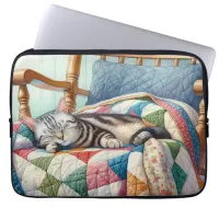 Sweet Gray Cat Sleeping on a Quilt Laptop Sleeve