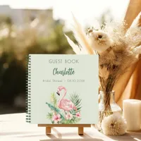 Guest book bridal shower pink flamingo sage green