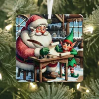 Adorable Santa and Elf Christmas Metal Ornament