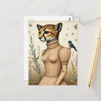 Adorable cheetah in birch bark dress with bluebird postcard