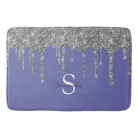 Chic Silver Glitter Drips Monogram Name Periwinkle Bath Mat