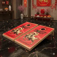 Stunning Red Gold Chinese Year of Fire Goat 2027 Cornhole Set