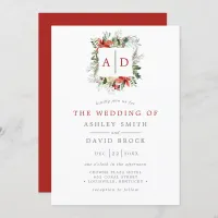 Christmas Floral Monogram Red And Green Wedding Invitation