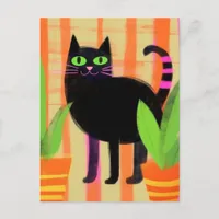 Cute Black Cat Pink Striped Tail Postcard