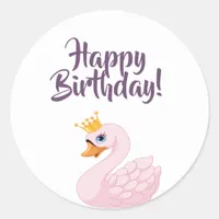 Happy Birthday pink princess swan on white Classic Round Sticker