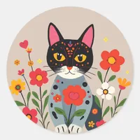 Whimsical Folk Art Black Cat and Flowers  Classic Round Sticker