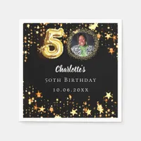 50th birthday black gold stars photo napkins