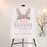 Pink Glitter Floral Bunny 1st Birthday Party Sign