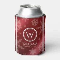 Festive Red Foil Snowflakes Monogram Name Can Cooler