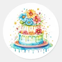 Red and Blue Whimsical Birthday Cake Watercolor  Classic Round Sticker
