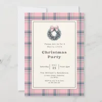 Elegant Pink Coquette Wreath Plaid Christmas Party Invitation