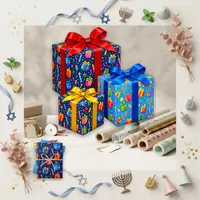Vibrant Blue Festive Hanukkah Birthday Wrapping Paper Sheets