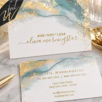 Foil Glitter on Teal and Gold Liquid Watercolor  Business Cards
