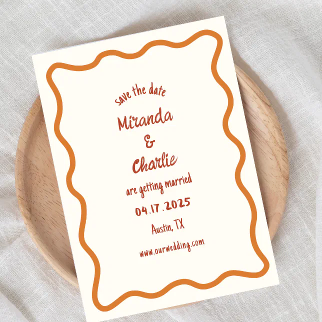 Whimsical Minimal Wavy Border Handwritten 70s  Save The Date