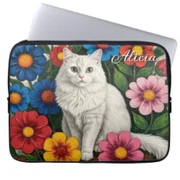 Fluffy White Cat and Folk Art Flowers Laptop Sleeve