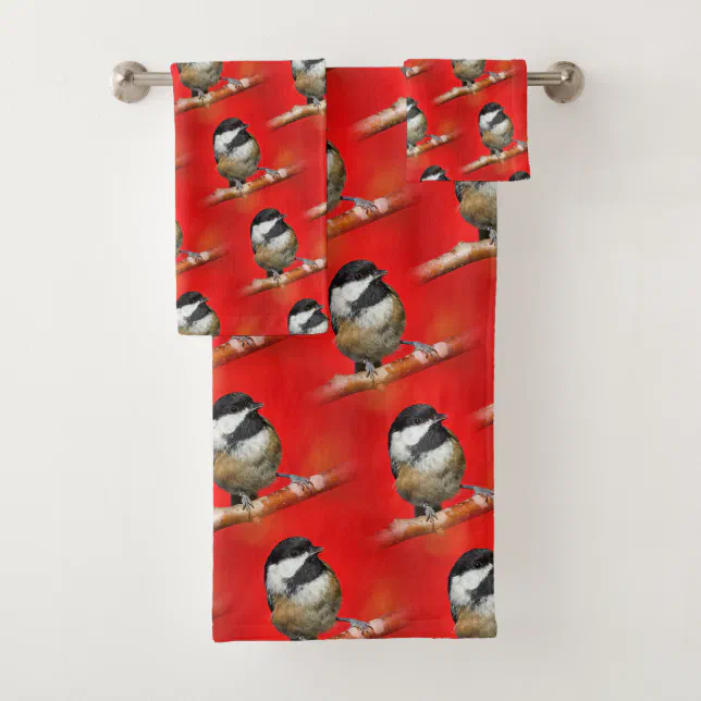 Cute Black-Capped Chickadee with Red Autumn Leaves Bath Towel Set