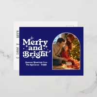 Midnight Blue & Silver Merry & Bright Retro Xmas Foil Holiday Postcard