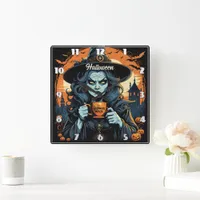 Witch with a potion on Halloween night Square Wall Clock