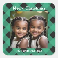 Jade Green Buffalo Plaid Custom Photo Christmas Square Sticker