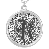 Vintage Monogram Letter K Alphabet Initial Gothic Silver Plated Necklace