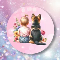 Baby Girl and her Puppy | Baby Shower   Classic Round Sticker