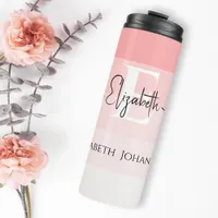 Modern Girly Blush Pink Stripes White Monogrammed Thermal Tumbler